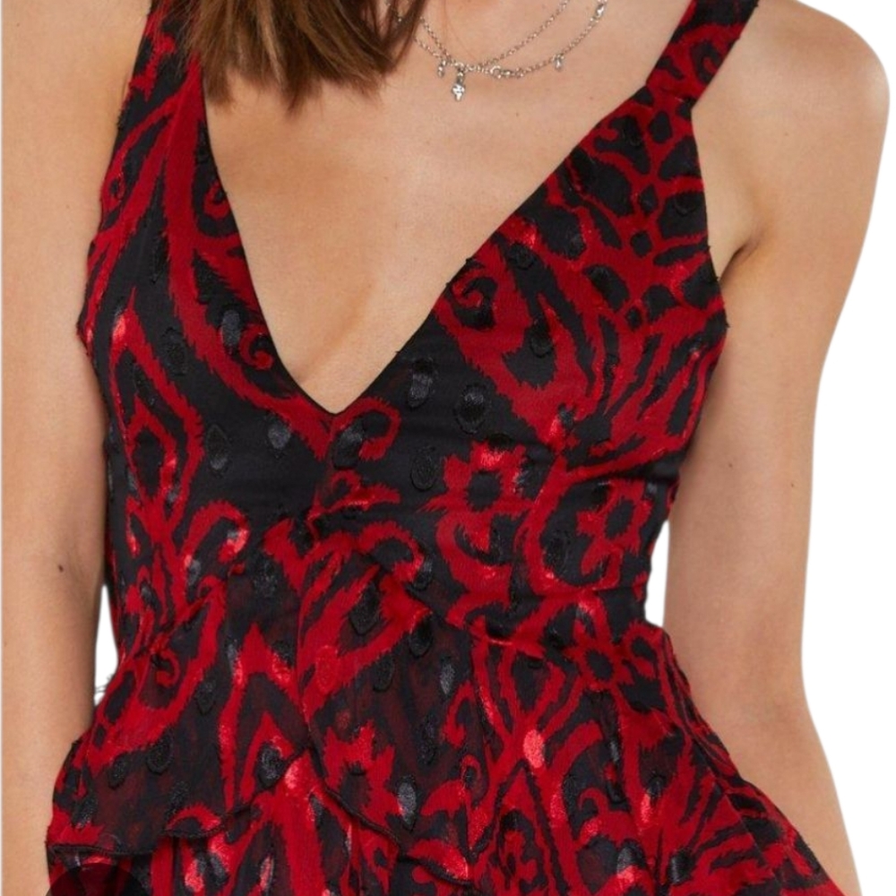 Nasty Gal Nwt Grand Entrance Red/Black Jacquard Ruffled Flowy V Neck Maxi Dress - Picture 6 of 17